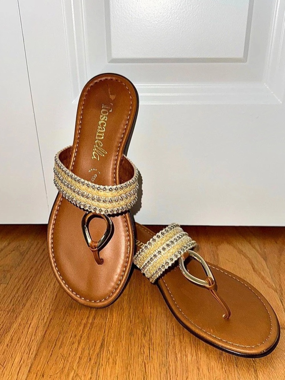 Toscanella Embellished Toe-Post Sandals in Brown & Gold Like New